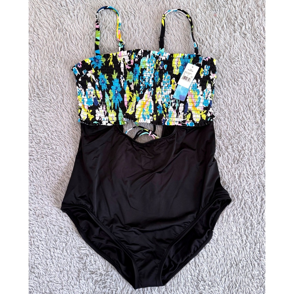 Beach Betty by Miracle Brands Floral Smocked One Piece Swimsuit Black XL NWT